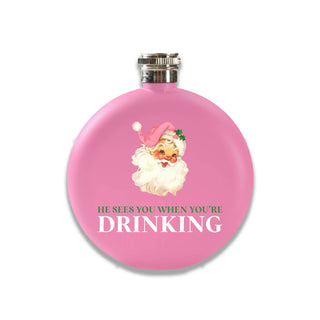 Round Flask Pink - He Sees You When You're Drinking