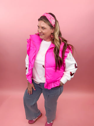 Cropped Ruffle Puffer Vest Hot Pink