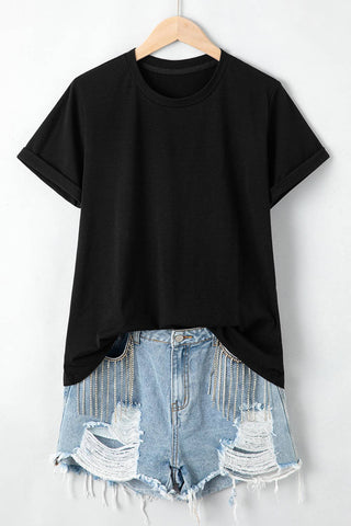 Be Basic Black Casual Solid Plain Crew Neck Tee