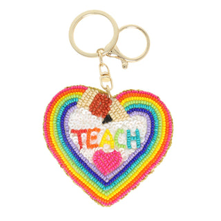 Teach Lettering Embroidered Bead Heart Keychain