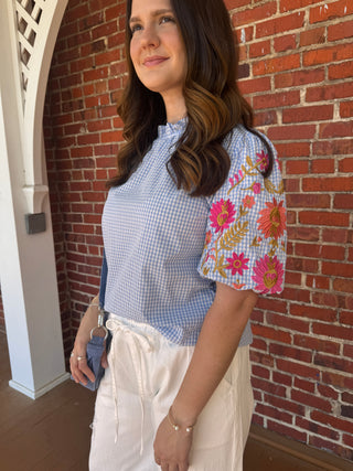 Daisy Gingham Embroidered Puff Sleeve Blouse