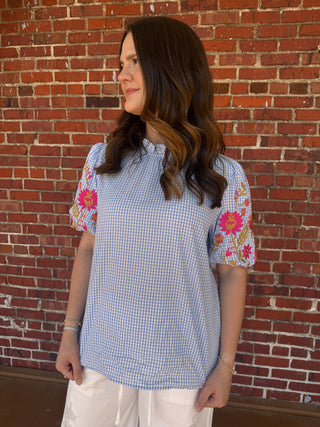 Daisy Gingham Embroidered Puff Sleeve Blouse