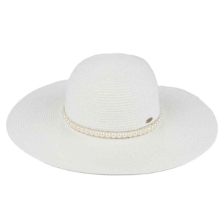 Wide Brim Pearl Embellished Band Panama Hat