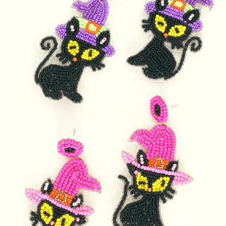 Witch Hat Black Cat Halloween Beaded Earrings