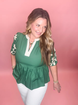 Embroidered Charm Babydoll Top | Green