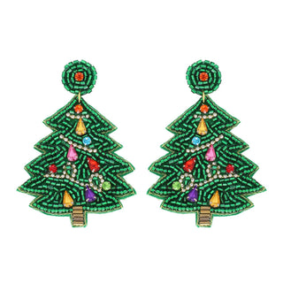 Beaded Christmas Tree Dangle Earrings