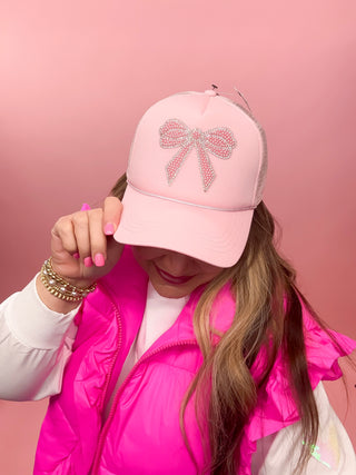 Pearled Pink Bow Trucker Hat