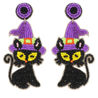 Witch Hat Black Cat Halloween Beaded Earrings