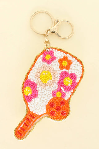 Floral Pickle Ball Seed Bead Keychain