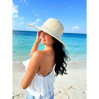 Wide Brim Pearl Embellished Band Panama Hat